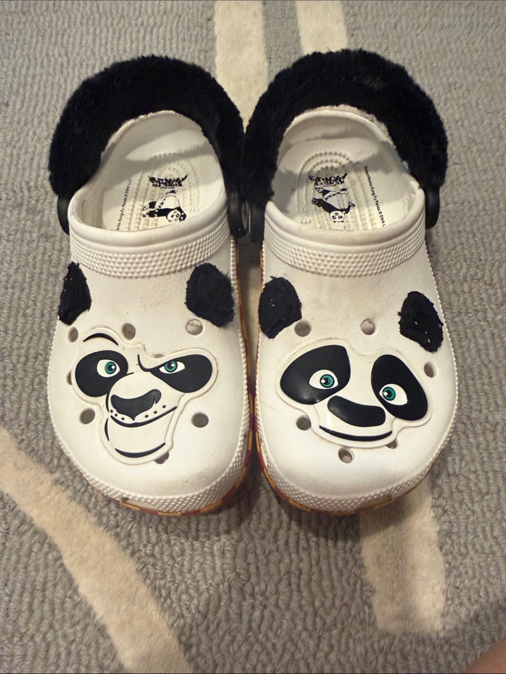 CROCS Kids White Kung Fu Panda Clogs with Black Faux-Fur Strap